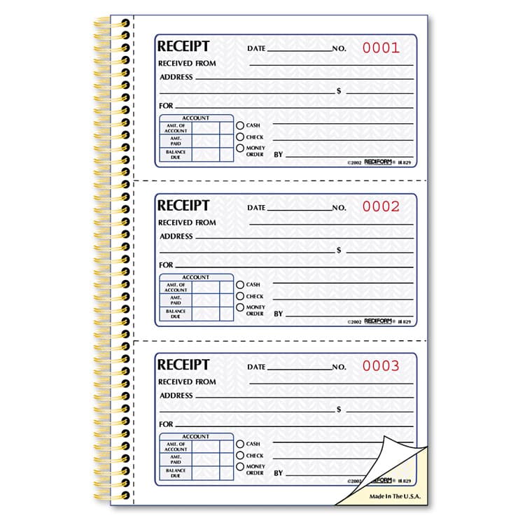 REDIFORM OFFICE PRODUCTS Gold Standard Money Receipt Book, Two-Part Carbonless, 5 x 2.75, 3 Forms/Sheet, 225 Forms Total (RED8L829)