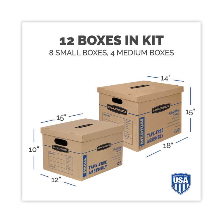 FELLOWES MFG. CO. SmoothMove Classic Moving/Storage Box Kit, Half Slotted Container (HSC), Assorted Sizes: (8) Small, (4) Med, Brown/Blue,12/CT (FEL7716401) thumbnail 2