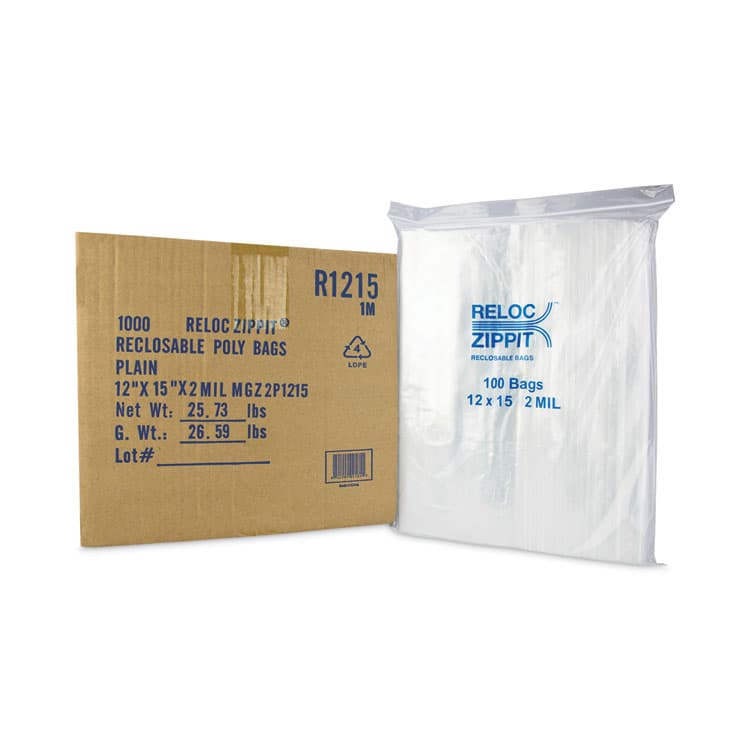 ITW DYMON Zippit Resealable Bags, 2 mil, 12 x 15, Clear, 100 Bags/Pack, 10 Packs/Carton (MGPMGZ2P1215)
