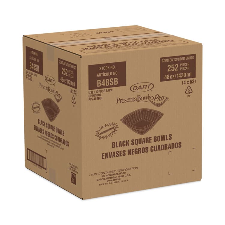 DART PresentaBowls Pro Black Square Bowls, 48 oz, 8.5 x 8.5 x 2.6, Plastic, 63/Bag, 4 Bags/Carton (DCCB48SB) thumbnail 2