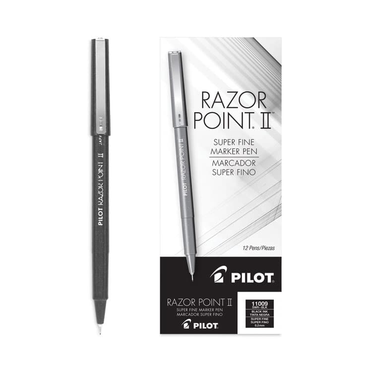 PILOT CORP. OF AMERICA Razor Point II Super Fine Line Porous Point Pen, Stick, Super-Fine 0.2 mm, Black Ink, Black Barrel, Dozen (PIL11009)