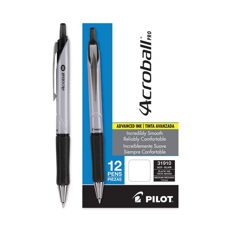 PILOT CORP. OF AMERICA Acroball Pro Advanced Ink Hybrid Gel Pen, Retractable, Medium 1 mm, Black Ink, Silver/Black Barrel, Dozen (PIL31910) thumbnail 3