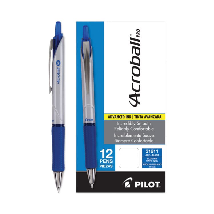 PILOT CORP. OF AMERICA Acroball Pro Advanced Ink Hybrid Gel Pen, Retractable, Medium 1 mm, Blue Ink, Silver/Blue Barrel, Dozen (PIL31911) thumbnail 3