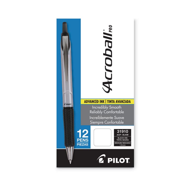 PILOT CORP. OF AMERICA Acroball Pro Advanced Ink Hybrid Gel Pen, Retractable, Medium 1 mm, Black Ink, Silver/Black Barrel, Dozen (PIL31910) thumbnail 2