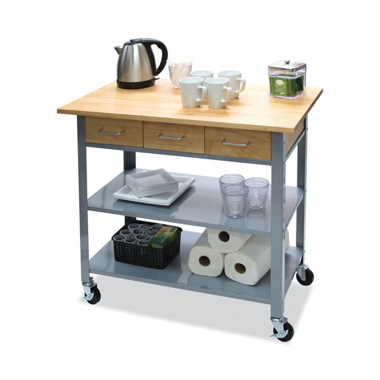 VERTIFLEX PRODUCTS Countertop Serving Cart, Wood, 3 Shelves, 3 Drawers, 35.5" x 19.75" x 34.25", Oak/Gray (VRTVF53039) thumbnail 2