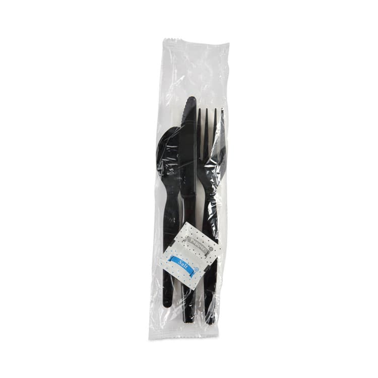 BOARDWALK Six-Piece Cutlery Kit, Heavyweight, Fork/Knife/Napkin/Pepper/Salt/Spoon, Plastic, Black, 250/Carton (BWKFKTNSHWPSBLA) thumbnail 2