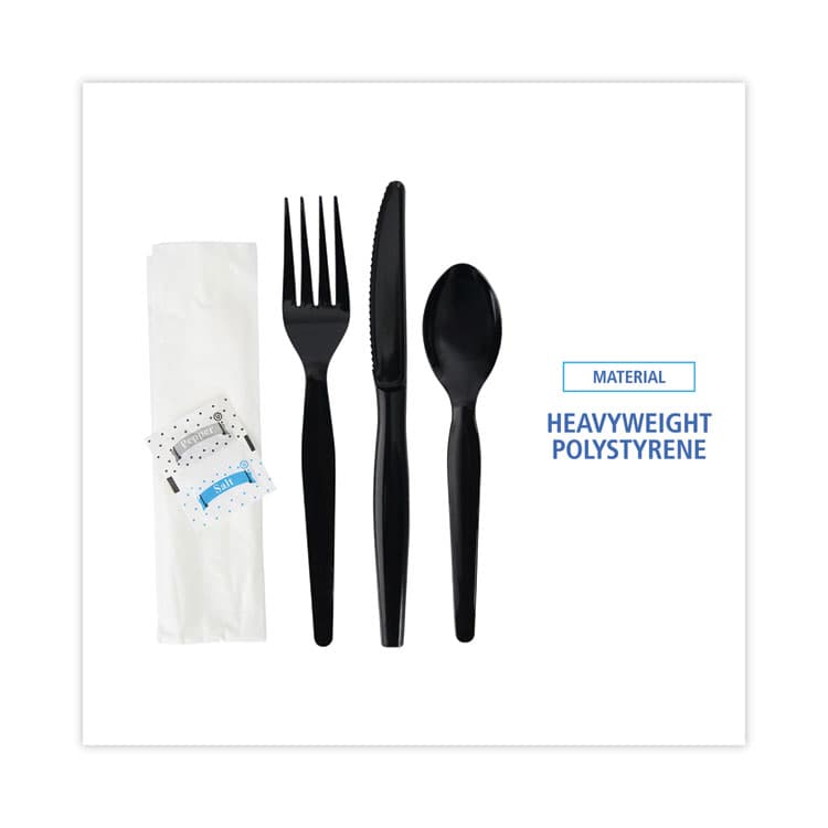 BOARDWALK Six-Piece Cutlery Kit, Heavyweight, Fork/Knife/Napkin/Pepper/Salt/Spoon, Plastic, Black, 250/Carton (BWKFKTNSHWPSBLA) thumbnail 3