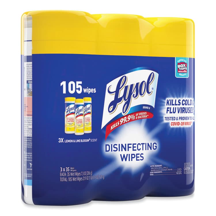 RECKITT BENCKISER Disinfecting Wipes, 1-Ply, 7 x 7.25, Lemon and Lime Blossom, White, 35 Wipes/Canister, 3 Canisters/Pack (RAC82159PK) thumbnail 3