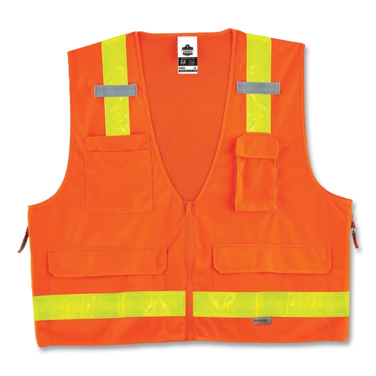 ERGODYNE CORPORATION GloWear 8250ZHG Class 2 Hi-Gloss Surveyors Zipper Vest, Polyester, Large/X-Large, Orange (EGO21435)