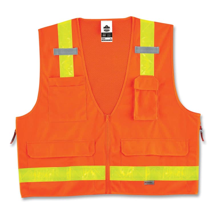 ERGODYNE CORPORATION GloWear 8250ZHG Class 2 Hi-Gloss Surveyors Zipper Vest, Polyester, 4X-Large/5X-Large, Orange (EGO21439)