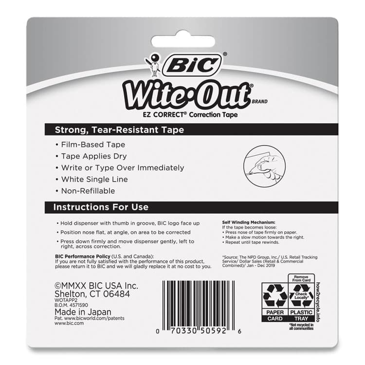 BIC CORP. Wite-Out Brand EZ Correct Correction Tape, Non-Refillable, 0.17" x 39.33 ft, Randomly Assorted Dispenser Colors, 2/Pack (BICWOTAPP21) thumbnail 4
