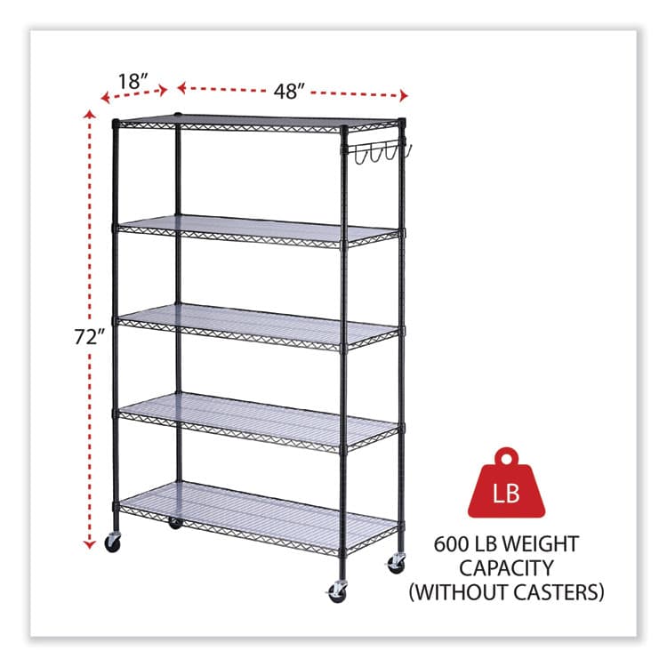 ALERA 5-Shelf Wire Shelving Kit with Casters and Shelf Liners, 48w x 18d x 72h, Black Anthracite (ALESW654818BA) thumbnail 2