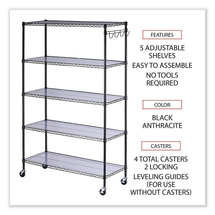 ALERA 5-Shelf Wire Shelving Kit with Casters and Shelf Liners, 48w x 18d x 72h, Black Anthracite (ALESW654818BA) thumbnail 3