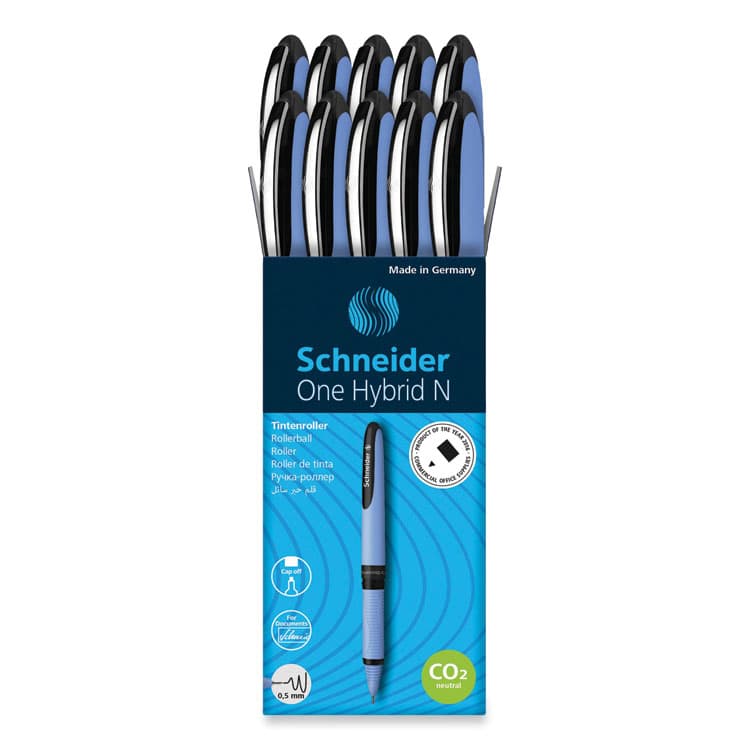 SCHNEIDER One Hybrid N Rollerball Pen, Stick, Fine 0.5 mm, Black Ink, Blue Barrel, 10/Box (RED183501)