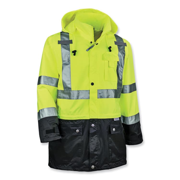 ERGODYNE CORPORATION GloWear 8365BK Class 3 Hi-Vis Rain Jacket Black Bottom, Large, Lime (EGO25324)