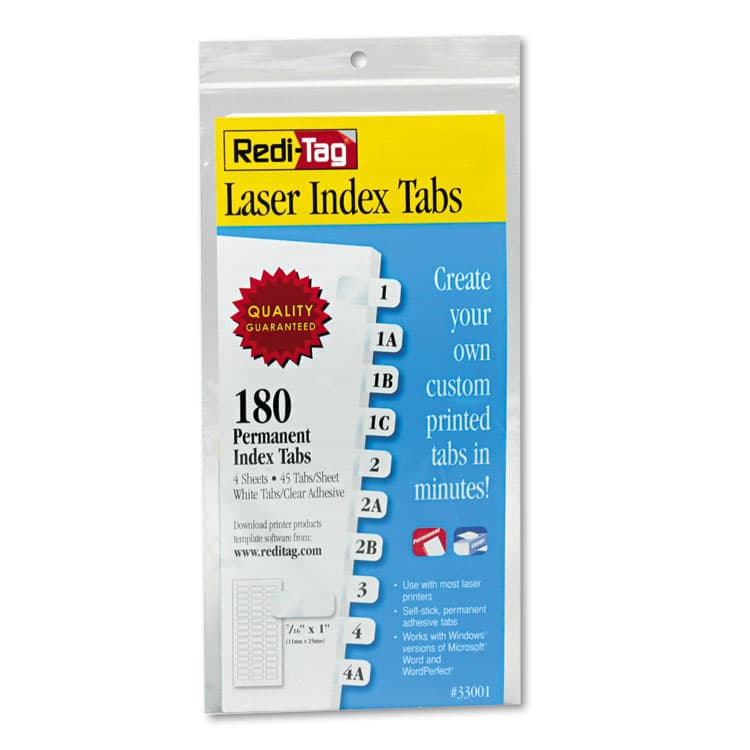 REDI-TAG CORPORATION Laser Printable Index Tabs, 1/12-Cut, White, 0.44" Wide, 180/Pack (RTG33001)