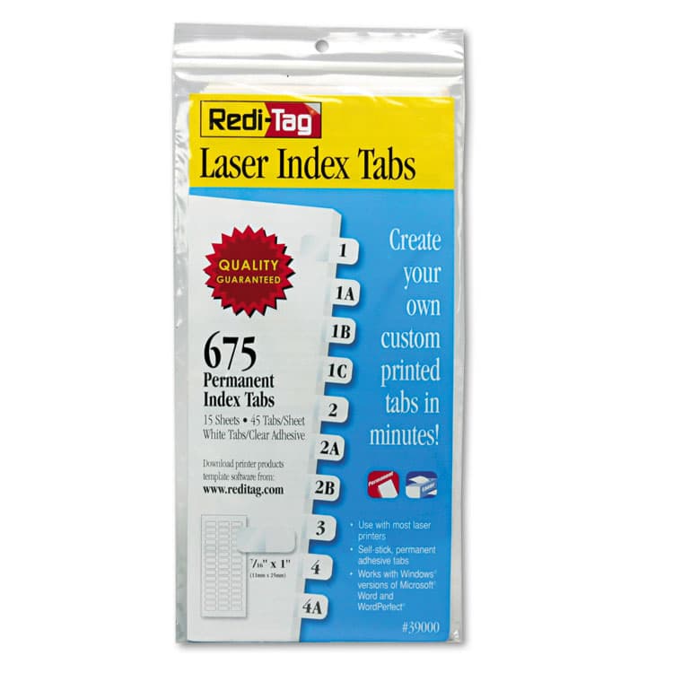 REDI-TAG CORPORATION Laser Printable Index Tabs, 1/12-Cut, White, 0.44" Wide, 675/Pack (RTG39000)