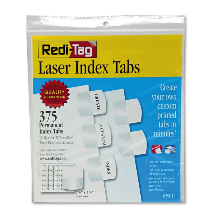 REDI-TAG CORPORATION Laser Printable Index Tabs, 1/5-Cut, White, 1.13" Wide, 375/Pack (RTG39017)