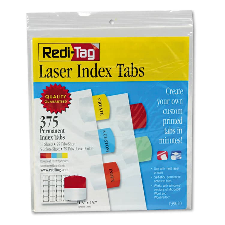 REDI-TAG CORPORATION Inkjet Printable Index Tabs, 1/5-Cut, Assorted Colors, 1.13" Wide, 375/Pack (RTG39020)