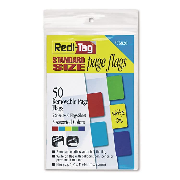 REDI-TAG CORPORATION Removable Page Flags, Red/Blue/Green/Yellow/Purple, 10/Color, 50/Pack (RTG76820)