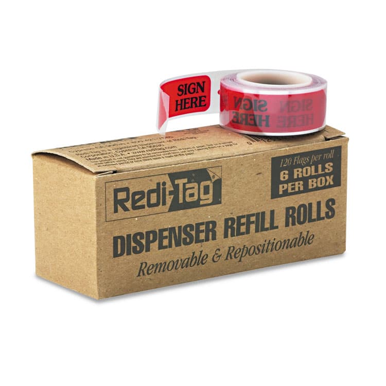 REDI-TAG CORPORATION Arrow Message Page Flag Refills, "Sign Here", Red, 120 Flags/Roll, 6 Rolls (RTG91002)