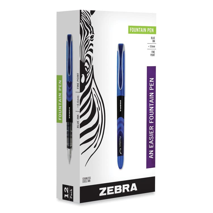 ZEBRA PEN CORP. Fountain Pen, Fine 0.6 mm, Blue Ink, Black/Blue Barrel, 12/Pack (ZEB48320)