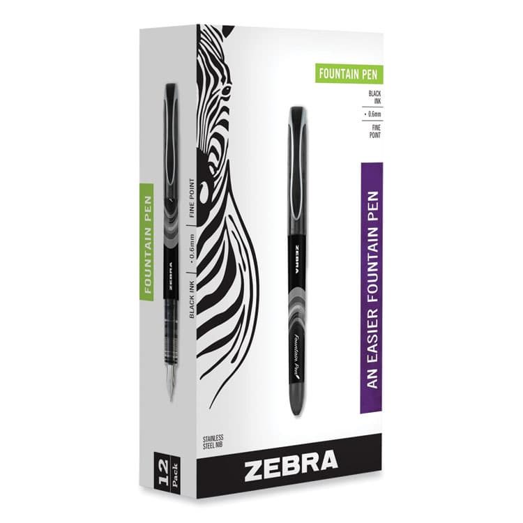 ZEBRA PEN CORP. Fountain Pen, Fine 0.6 mm, Black Ink, Black/Gray Barrel, 12/Pack (ZEB48310)
