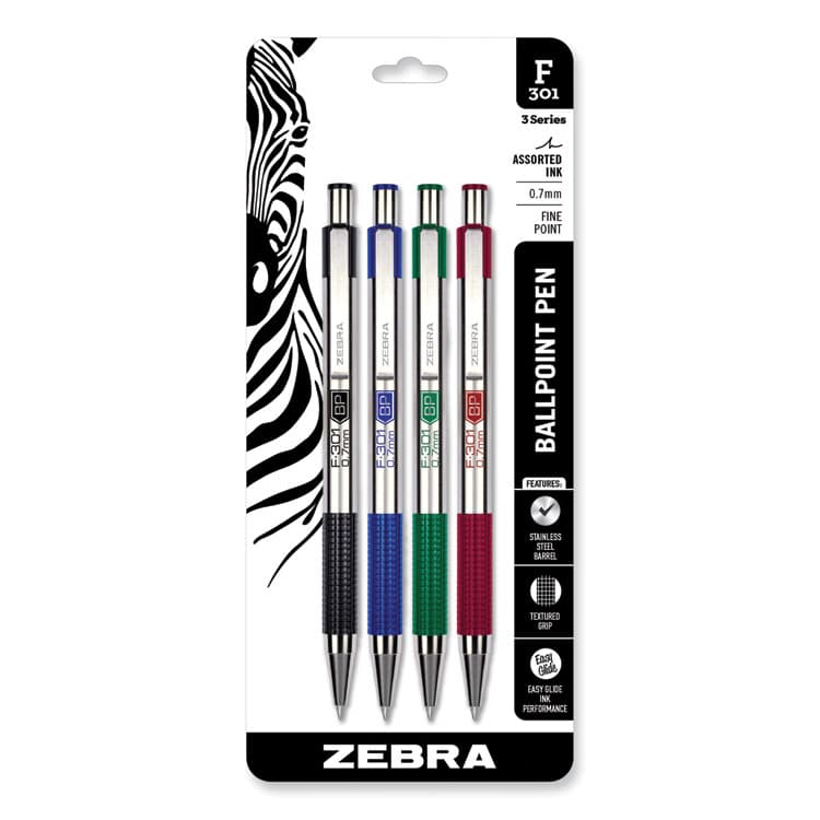 ZEBRA PEN CORP. F-301 Ballpoint Pen, Retractable, Fine 0.7 mm, Assorted Ink and Barrel Colors, 4/Pack (ZEB27174)
