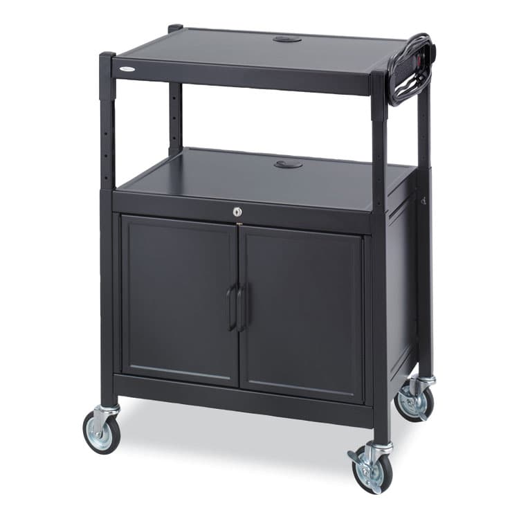 SAFCO PRODUCTS Steel Adjustable AV Cart with Cabinet, Metal, 3 Shelf, 6 AC Outlets, 40 lb Capacity, 26.75 x 20.5 x 42, Black (SAF8943BL)