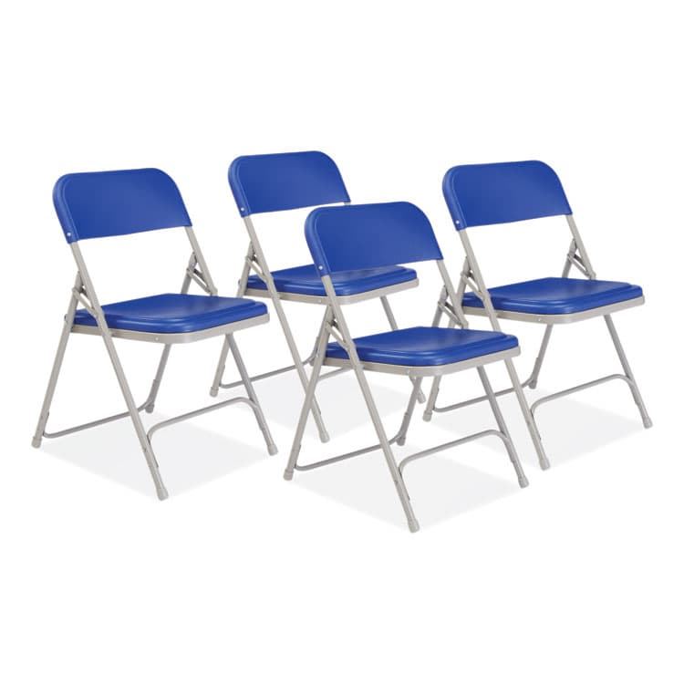 NATIONAL PUBLIC SEATING 800 Series Premium Plastic Folding Chair, Supports Up to 500 lb, 18" Seat Height, Blue Seat, Blue Back, Gray Base, 4/Carton (NPS805)