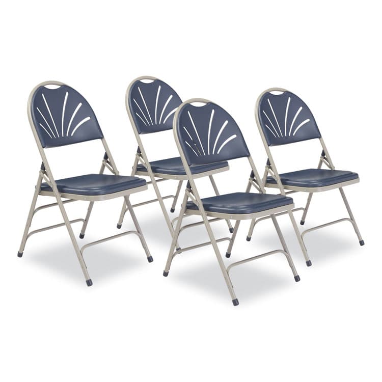 NATIONAL PUBLIC SEATING 1100 Series Deluxe Fan-Back Tri-Brace Folding Chair, Supports Dark Blue Seat, Dark Blue Back, Gray Base, 4/Carton (NPS1115)