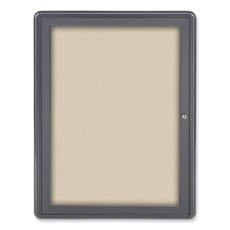GHENT MANUFACTURING, Ovation 1 Door Enclosed Fabric Bulletin Board, 24.13" x 33.75", Beige Surface, Powder-Coated Gray Aluminum Frame (GHEOVG1F90)
