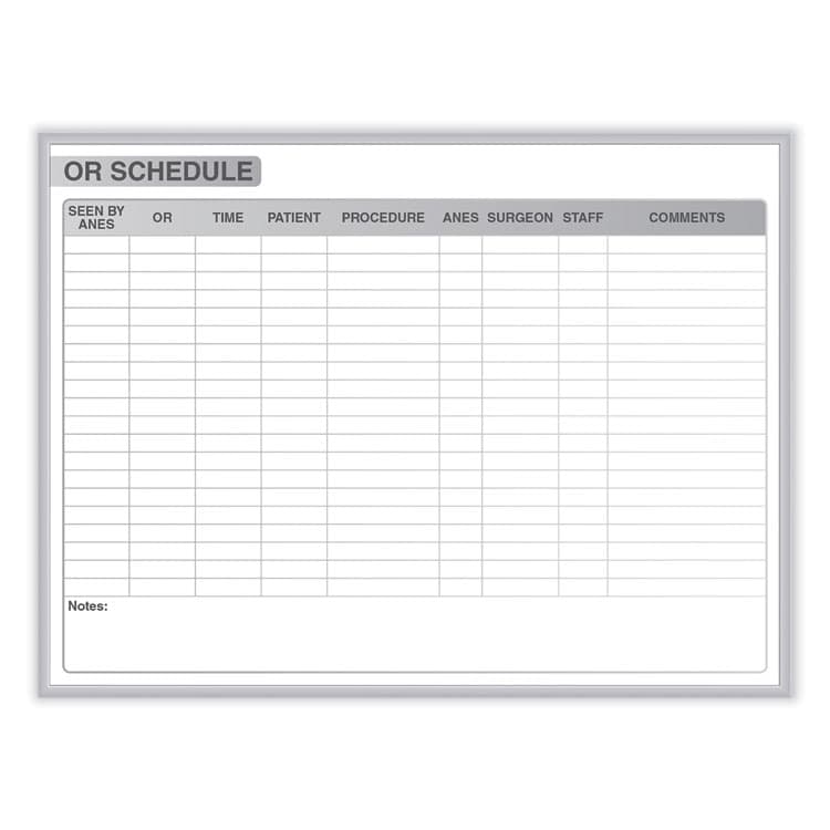 GHENT MANUFACTURING, OR Schedule Magnetic Whiteboard, Operating Room Scheduling Chart, 48.5" x 36.5", White/Gray Surface, Satin Aluminum Frame (GHEGRPM313S34)