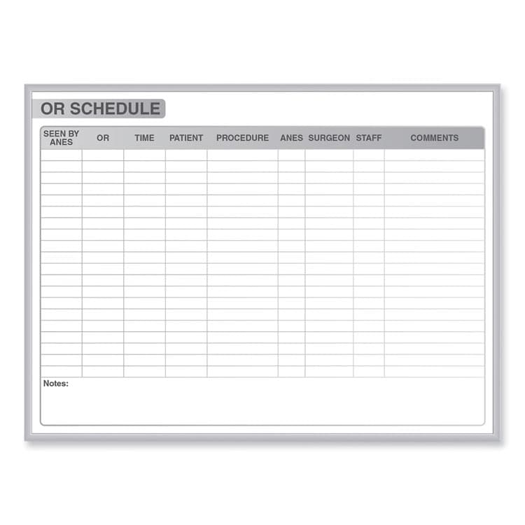 GHENT MANUFACTURING, OR Schedule Magnetic Whiteboard, Operating Room Scheduling Chart, 72.5" x 48.5", White/Gray Surface, Satin Aluminum Frame (GHEGRPM313S46)