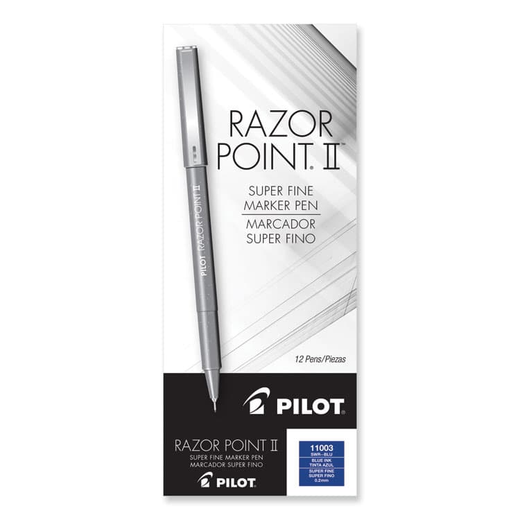 PILOT CORP. OF AMERICA Razor Point II Super Fine Line Porous Point Pen, Stick, Super-Fine 0.2 mm, Blue Ink, Blue Barrel, Dozen (PIL11003)