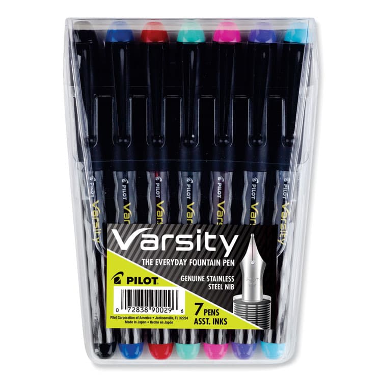 PILOT CORP. OF AMERICA Varsity Fountain Pen, Medium 1 mm, Assorted Ink and Barrel Colors, 7/Pack (PIL90029)