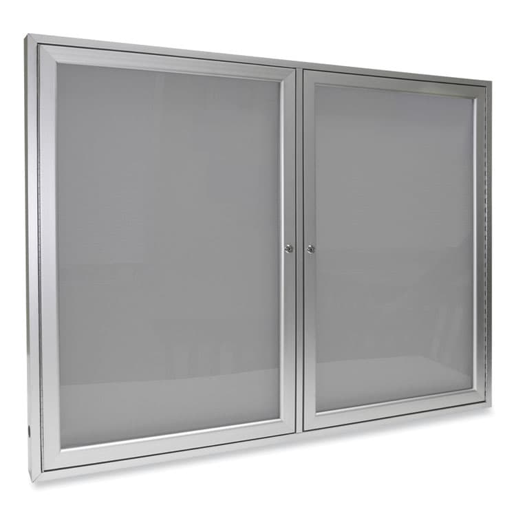 GHENT MANUFACTURING, 2 Door Enclosed Vinyl Bulletin Board with Satin Frame, 60" x 48", Silver Surface, Satin Aluminum Frame (GHEPA24860VX193)