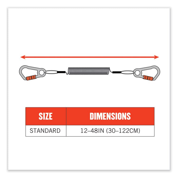 ERGODYNE CORPORATION Squids 3166 Coiled Tool Lanyard with Two Carabiners, 2 lb Max Working Capacity, 12" Long, Black (EGO19162) thumbnail 2