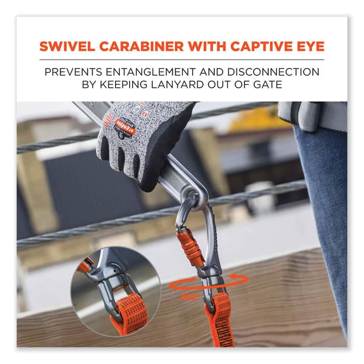 ERGODYNE CORPORATION Squids 3149 Tool Lanyard with XL + Swivel Carabiners, 80 lb Max Work Capacity, 76" Long, Orange/Black (EGO19149) thumbnail 2