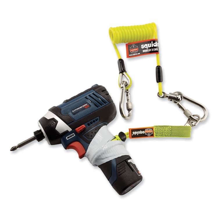 ERGODYNE CORPORATION Squids 3130S Coiled Cable Lanyard with Carabiners, 2 lb Max Working Capacity, 6.5" to 48" Long, Lime (EGO19130) thumbnail 3