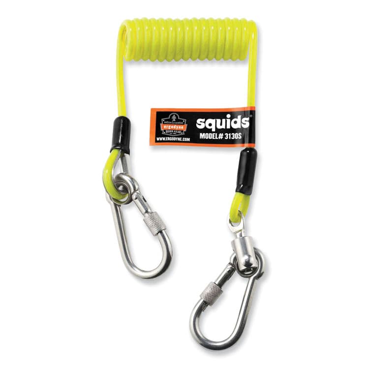 ERGODYNE CORPORATION Squids 3130S Coiled Cable Lanyard with Carabiners, 2 lb Max Working Capacity, 6.5" to 48" Long, Lime (EGO19130)