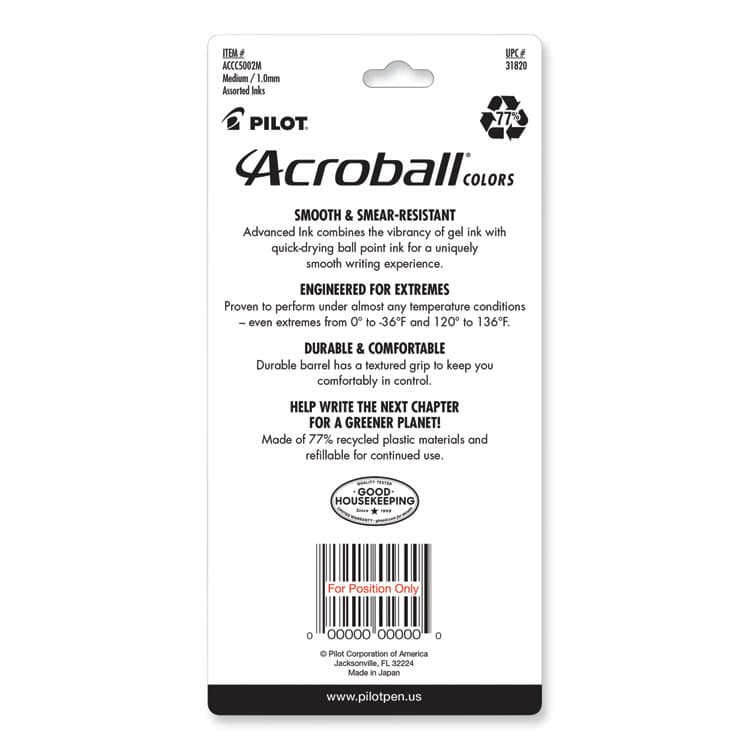 PILOT CORP. OF AMERICA Acroball Colors Advanced Ink Hybrid Gel Pen, Retractable, Medium 1 mm, Assorted Ink and Barrel Colors, 5/Pack (PIL31820) thumbnail 3