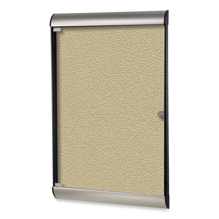 GHENT MANUFACTURING, Silhouette 1 Door Enclosed Vinyl Bulletin Board, 27.75" x 42.13", Caramel Surface, Black/Satin Aluminum Frame (GHESILH20410)