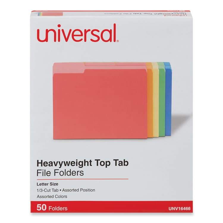 UNIVERSAL OFFICE PRODUCTS Deluxe Heavyweight File Folders, 1/3-Cut Tabs: Assorted, Letter Size, 0.75" Expansion, Assorted Colors, 50/Box (UNV16466)