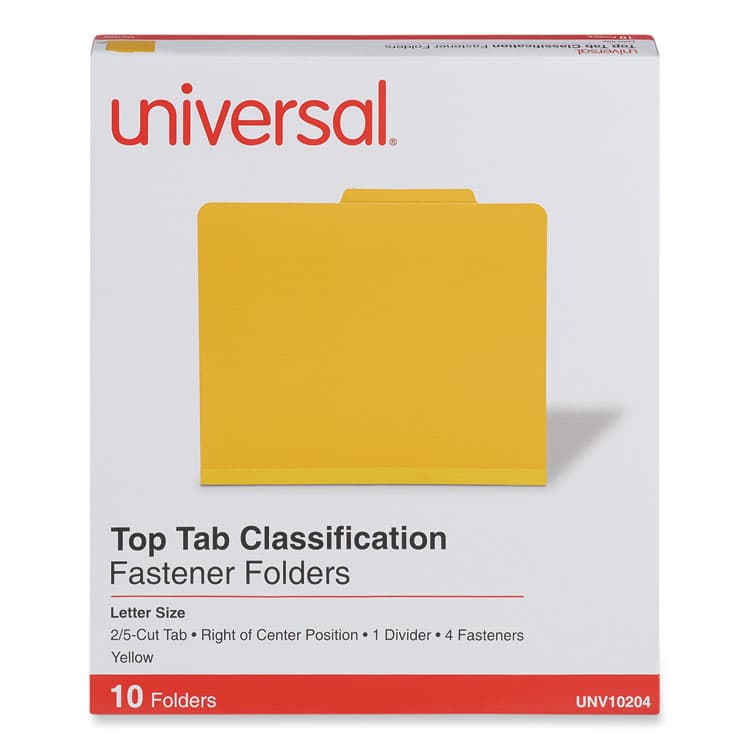 UNIVERSAL OFFICE PRODUCTS Pressboard Classification Folders, 2/5-Cut Tab, Expands 2", 1 Divider, 4 Fasteners, Letter Size, Yellow, 10/Box (UNV10204)