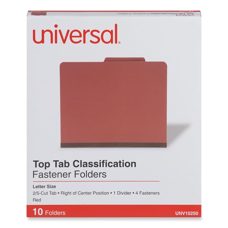 UNIVERSAL OFFICE PRODUCTS Pressboard Classification Folders, 2/5-Cut Tab: Right of Center, Expands 2", 1 Divider, 4 Fasteners, Letter Size, Red, 10/Box (UNV10250)