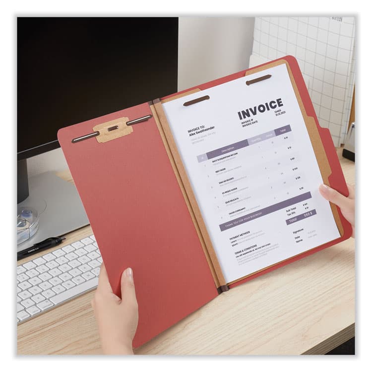 UNIVERSAL OFFICE PRODUCTS Pressboard Classification Folders, 2/5-Cut Tab: Right of Center, Expands 2", 1 Divider, 4 Fasteners, Letter Size, Red, 10/Box (UNV10250) thumbnail 4