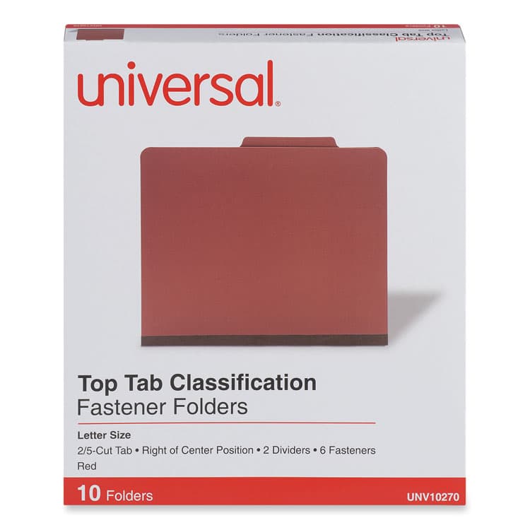 UNIVERSAL OFFICE PRODUCTS Pressboard Classification Folders, 2/5 Tab: Right of Center, Expands 2", 2 Dividers, 6 Fasteners, Letter Size, Red, 10/Box (UNV10270)