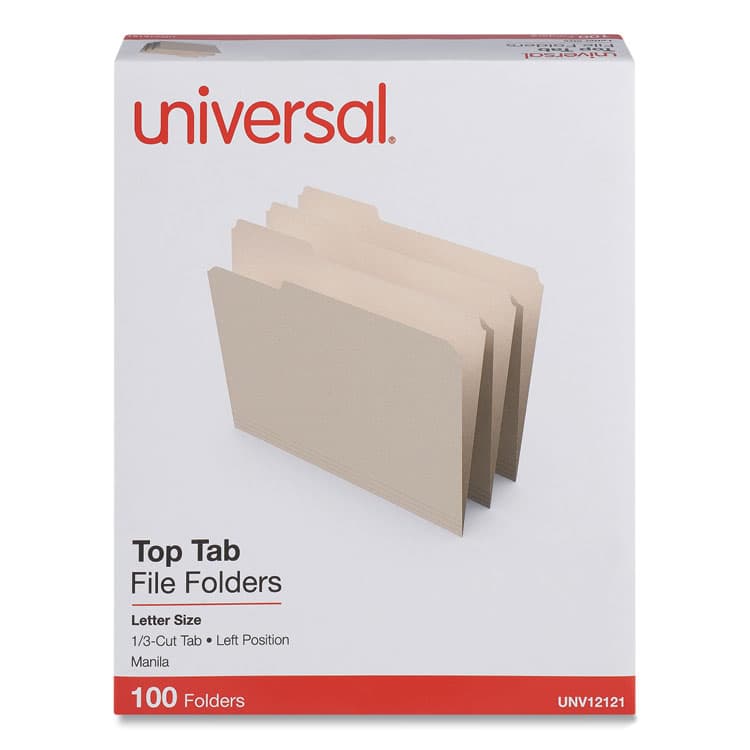 UNIVERSAL OFFICE PRODUCTS Top Tab File Folders, 1/3-Cut Tabs: Left Position, Letter Size, 0.75" Expansion, Manila, 100/Box (UNV12121)