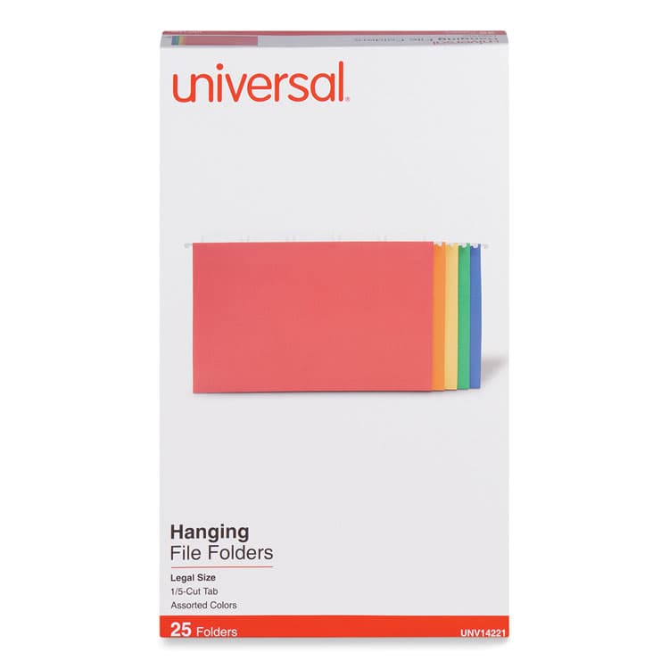 UNIVERSAL OFFICE PRODUCTS Deluxe Bright Color Hanging File Folders, Legal Size, 1/5-Cut Tabs, Assorted Colors, 25/Box (UNV14221)